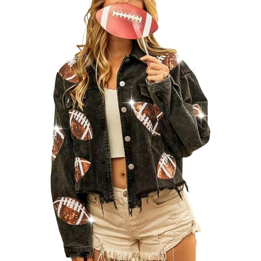 Women's Cropped Corduroy Jacket Football Sequin Patch Short Button Hem